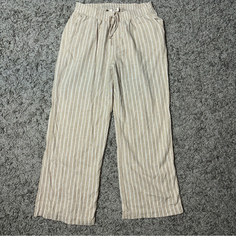 Briggs Size Large Linen Blend Wide Leg Tan Striped Elastic Waist Pants Pockets